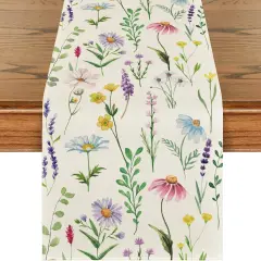 Wildflowers Floral Eucalyptus Spring Table Runner, Seasonal Summer Kitchen Dining Table Decoration for Home Party Decor 13x72 Inch
