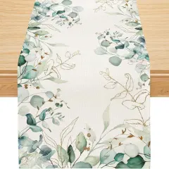 Spring Summer Table Runner, Spring Summer Decorations Off White Eucalyptus Leaves Green Table Runner Seasonal Summer Decor for Home Holiday Party Decor Dining Table Decoration (13" x 72")