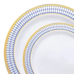 White with Blue and Gold Chord Rim Plastic Dinnerware Value Set (120 Guests)