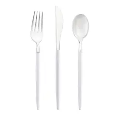 Silver with White Handle Moderno Disposable Plastic Cutlery Set (240 Guests)