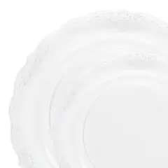 Clear with Silver Vintage Rim Round Disposable Plastic Dinnerware Value Set (120 Guests)
