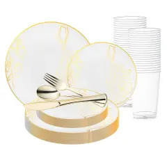 White with Gold Antique Floral Round Disposable Plastic Wedding Value Set (120 Settings)