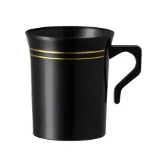 Black with Gold Edge Rim Round Plastic Coffee Mugs - 8 oz. (120 Mugs)