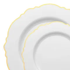 White with Gold Rim Round Blossom Disposable Plastic Dinnerware Value Set (120 Guests)