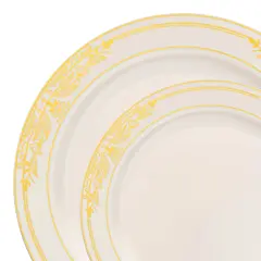 Ivory with Gold Harmony Rim Plastic Dinnerware Value Set (120 Guests)
