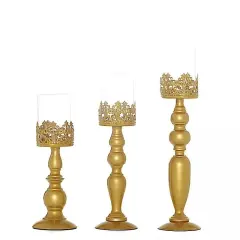 3 pcs Gold Metal Lacy Trim Glass Candle Holders Party Centerpieces