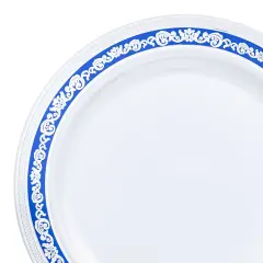 White with Blue and Silver Royal Rim Plastic Appetizer/Salad Plates - 7.5" (120 Plates)
