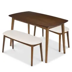 Best Choice Products 3-Piece Mid-Century Modern Upholstered Wooden Dining Set w/ 2 Bench Seats - Walnut/Cream