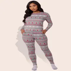 Women's Holiday Fleece Pajama Set Cozy Top & Sweatpants Gray, Red & White