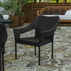 Merrick Lane Eldon Weather Resistant Indoor/Outdoor Stacking Patio Dining Chair with Steel Frame and PE Rattan Black