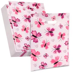 100 Pack 9 x 12 In Small Merchandise Bags with Handles for Boutique, Cute Butterfly Shopping Bags for Retail Business (Pink)