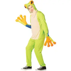 Adult Tree Frog Costume Green Jumpsuit with Frog Hands and Bulging Eyes