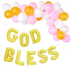 God Bless Banner Balloons for Girls Baptism Decorations, First Communion (12-16 In, 58 Piece Set) Pink