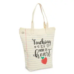 Canvas Tote Bag for Teacher Appreciation Gifts, Teaching is a Work of Heart (14.5 x 15 x 6 In) White