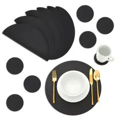 Set of 6 Black Faux Leather Round Placemats with Matching Coasters - Circle Table Mats for Dining, Kitchen (12 pieces, 13.4 Inch)