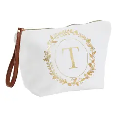Gold Initial T Personalized Makeup Bag for Women, Monogrammed Canvas Cosmetic Pouch (White, 10 x 3 x 6 In)