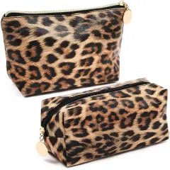 Small Leopard Print Faux Leather Makeup Bag (8 x 3 x 5 In, 2-Pack) Brown