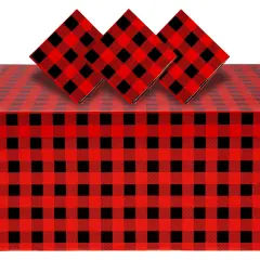 3 Pack Buffalo Plaid Plastic Tablecloth for Lumberjack Birthday Party Decorations, Disposable Red and Black Table Cover (54 x 108 In)