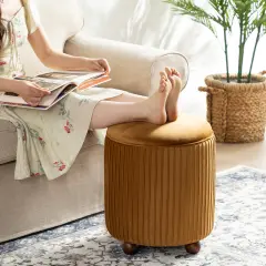 Modern Dusty Pleated Velvet Upholstered Storage Ottoman or Accent Stool with Rubberwood Ball Feet Brown