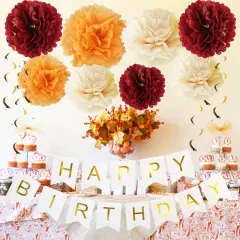 Fall Party Decorations - Burgundy Champagne Orange Tissue Pom Pom Banner