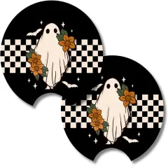 Whimsical Blooms Checkered Ghost Halloween Car Coaster Set Accessories,(Set of 2)