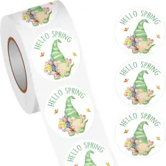500PCS 1.5" Hello Spring Sticker for Small Business, Baking Packaging, Gift Cards, Envelopes Seals, Party Supplies(Gnome)