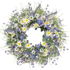 22 Inches Spring Wreaths for Front Door Blue Spring Floral Wreath Summer Wreath with Daisy Lanvender