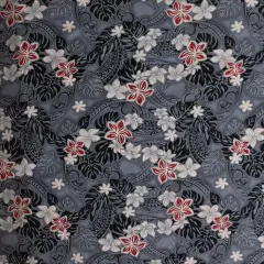 1 Yard Traditional Polynesian Tattoo Plumeria Tiare Design Fabric, Peachskin Polyester, 45 inches Width Gray