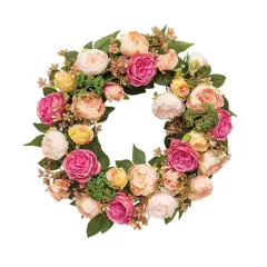 Artificial Cabbage Rose Wreath for Front Door 22 Inch Spring Decor