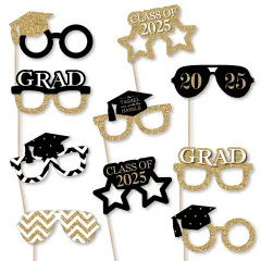 Big Dot of Happiness 2025 Gold Graduation Glasses - Paper Card Stock Party Photo Booth Props Kit - 10 Count