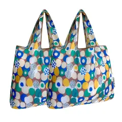 Wrapables Foldable Tote Nylon Reusable Grocery Bag (Set of 2), Happy Dots