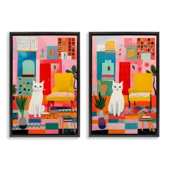 Stupell Industries Bright Room Sitting Cat 2 pc Framed Floater Canvas Wall Art Set Design by Roozbeh Bahramali