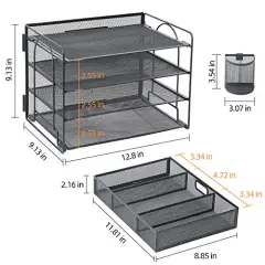 4 Tier Paper Letter Tray Organizer with Drawer and Pen Holder, Mesh Desktop Organizer Storage for Office Supplies (Black)