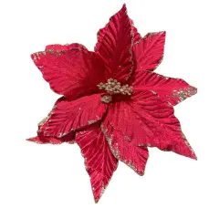 10" Red Poinsettia with Gold Accents - Luxurious Holiday Floral Pick