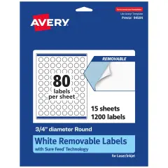 Avery Matte White Removable Round Labels with Sure Feed Technology, Print-to-the-Edge, .75" diameter