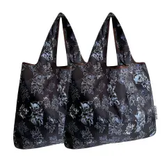 Wrapables Foldable Tote Nylon Reusable Grocery Bag (Set of 2), Black Rose Shadow