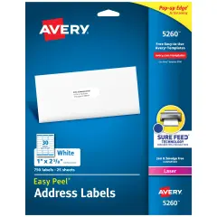 Avery Easy Peel Printable Address Labels with Sure Feed, 1" x 2-5/8", White, 750 Blank Mailing Labels for Laser Printers (5260) - 5 Pack