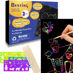 Scratch Paper Art 7.5&rdquo; x 5.5&rdquo; 52 Pieces for Kids Rainbow Color Scratch Off