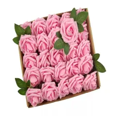 25pcs Artificial Flowers Real Looking Foam Roses Decoration DIY Pink