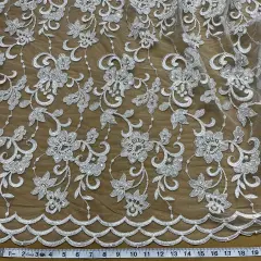 1 Yard Silver Beaded Corded Bridal Lace Fabric Embroidered Elegant Net Mesh Gown 52" Width