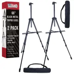 U.S. Art Supply 66" Black Metal Tripod Easel Display (2 Pack) - Adjustable 20"- 5.5', Holds 32" Canvas - Floor/Tabletop Easel Stand, For Sign Display, Painting, Poster Board, Canvas - Portable Bag