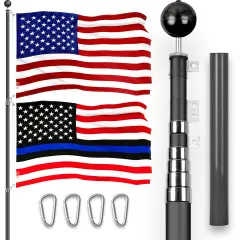G128 Combo Pack: 20 Ft Telescoping Aluminum Flagpole (Black) & American and Blue Lives Matter Flags 3x5 Ft, Both ToughWeave Series Embroidered Polyester | Pole with Flags Included