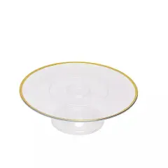 2 Clear 12 in Round Plastic CAKE STANDS Dessert Pedestal Gold Trim Party Events