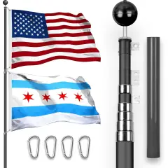 G128 Combo Pack: 25 Ft Telescoping Aluminum Flagpole (Black) & American and Chicago Flags 3x5 Ft, Both StormFlyer Series Embroidered 220GSM Spun Polyester | Pole with Flags Included