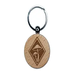 Elegant Mushrooms Fungus In Diamond Engraved Wood Round Keychain Tag Charm