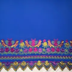 1 Yard Floral Bird Embroidered Polyester Fabric 56" Wide Decorative Fabric for Upholstery, Drapery & Accents Blue & Fuchsia