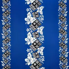 1 Yard Hibiscus Tropical Leaves Polyester Fabric with Traditional Tapa Double Border, 45 Inches Width Blue