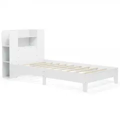 Wooden Twin Bed Frame with Bookcase Headboard Storage Shelves and Under-bed Space White