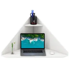 Floating Triangular Corner Computer Desk with Storage Shelf White