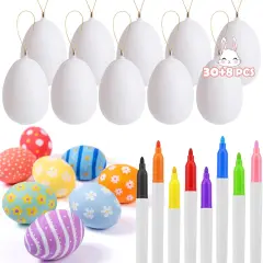 30 Pcs Easter Decorations Eggs with 8 Pens, White Plastic Eggs with Rope, Artificial DIY Creative Decoration Eggs for Party Favors, Easter Crafts, Easter Basket Stuffers, Easter Tree Ornaments